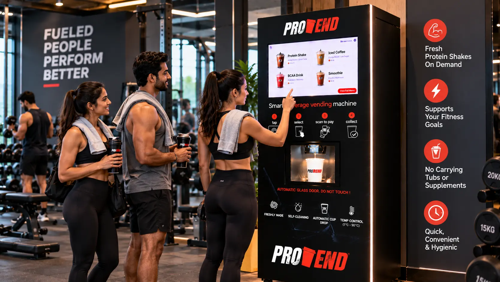 Gym members purchasing freshly prepared protein shakes from a ProVend smart beverage station immediately after completing their workout.