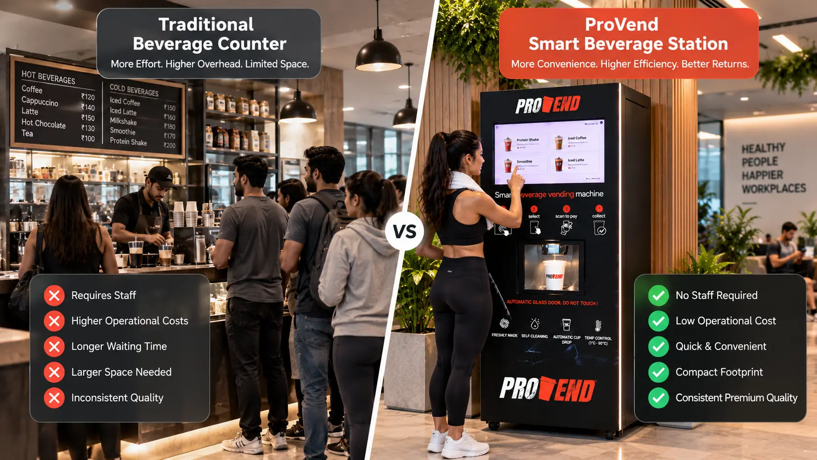 Split-screen comparison showing a traditional beverage counter versus a ProVend smart beverage station, highlighting convenience, efficiency, lower operating costs, and better space utilization.