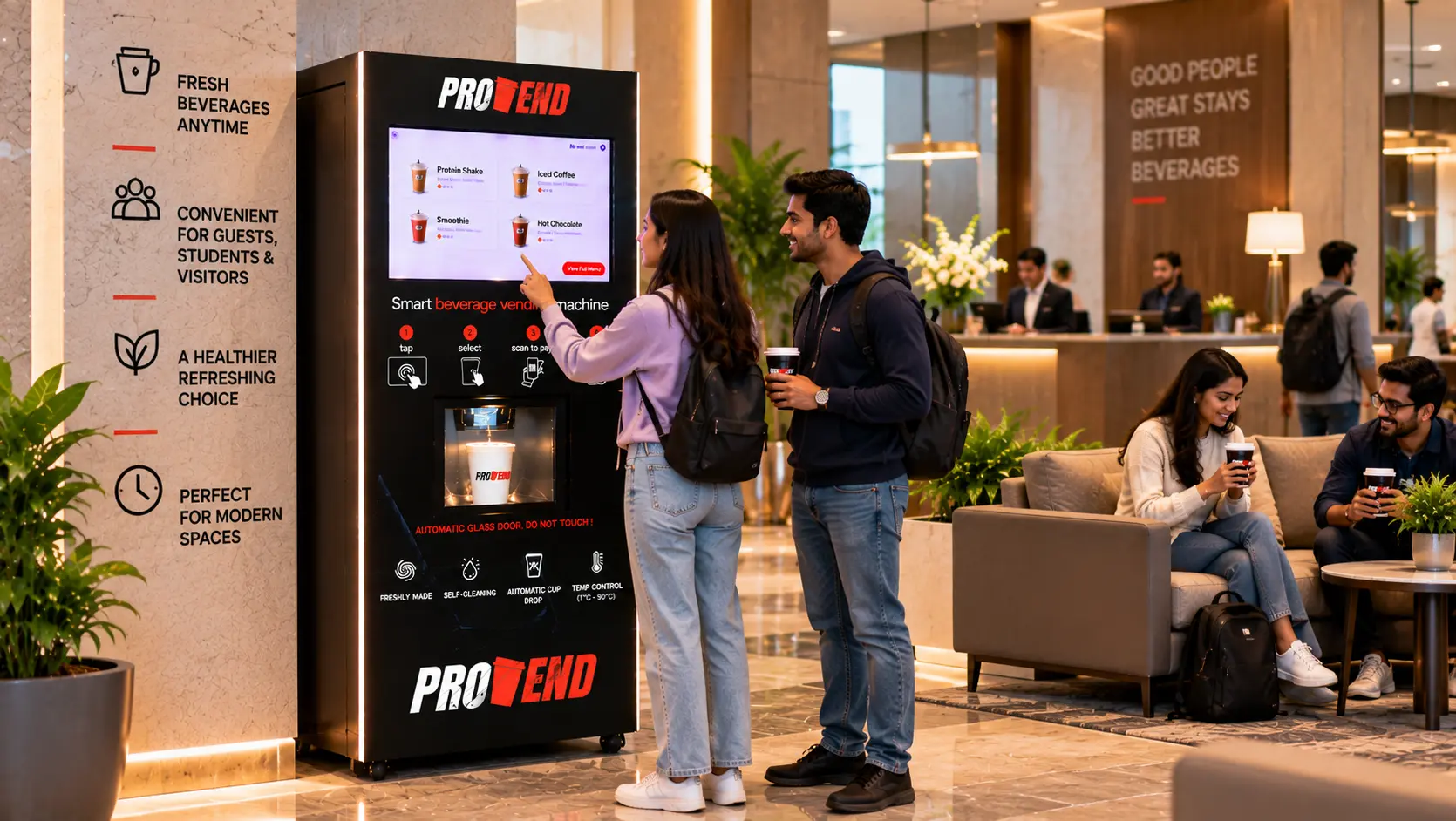 Guests and visitors using a ProVend smart beverage station in a modern hotel lobby, showcasing a convenient self-service beverage experience.