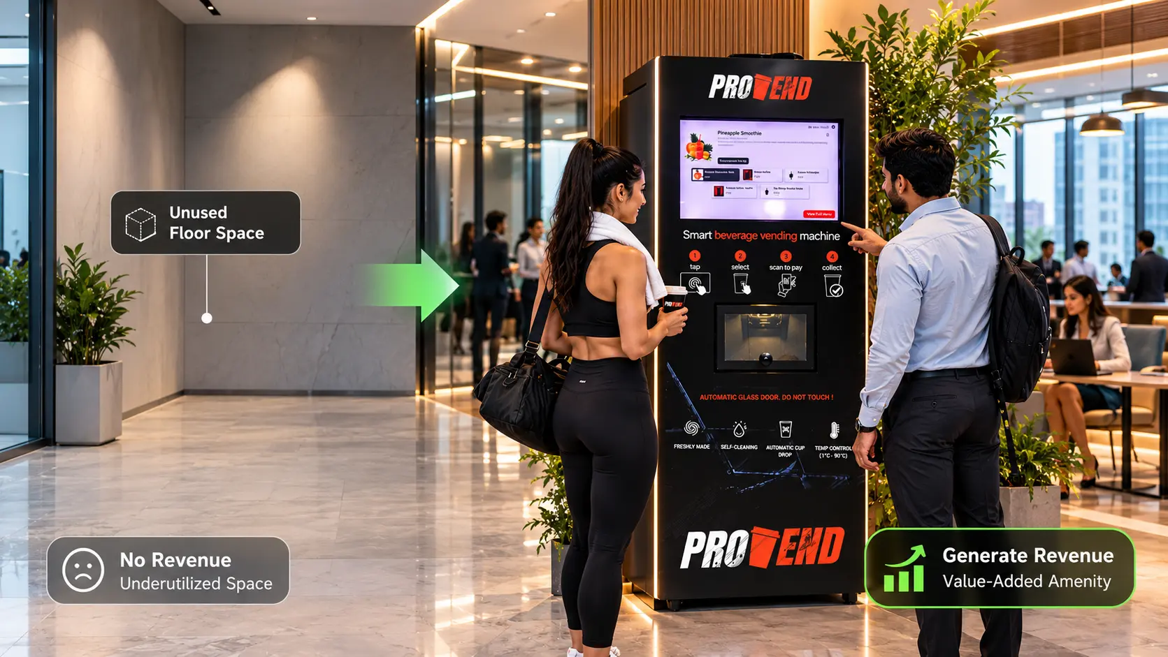 Unused commercial floor space transformed into a revenue-generating ProVend smart beverage station in a modern office environment.