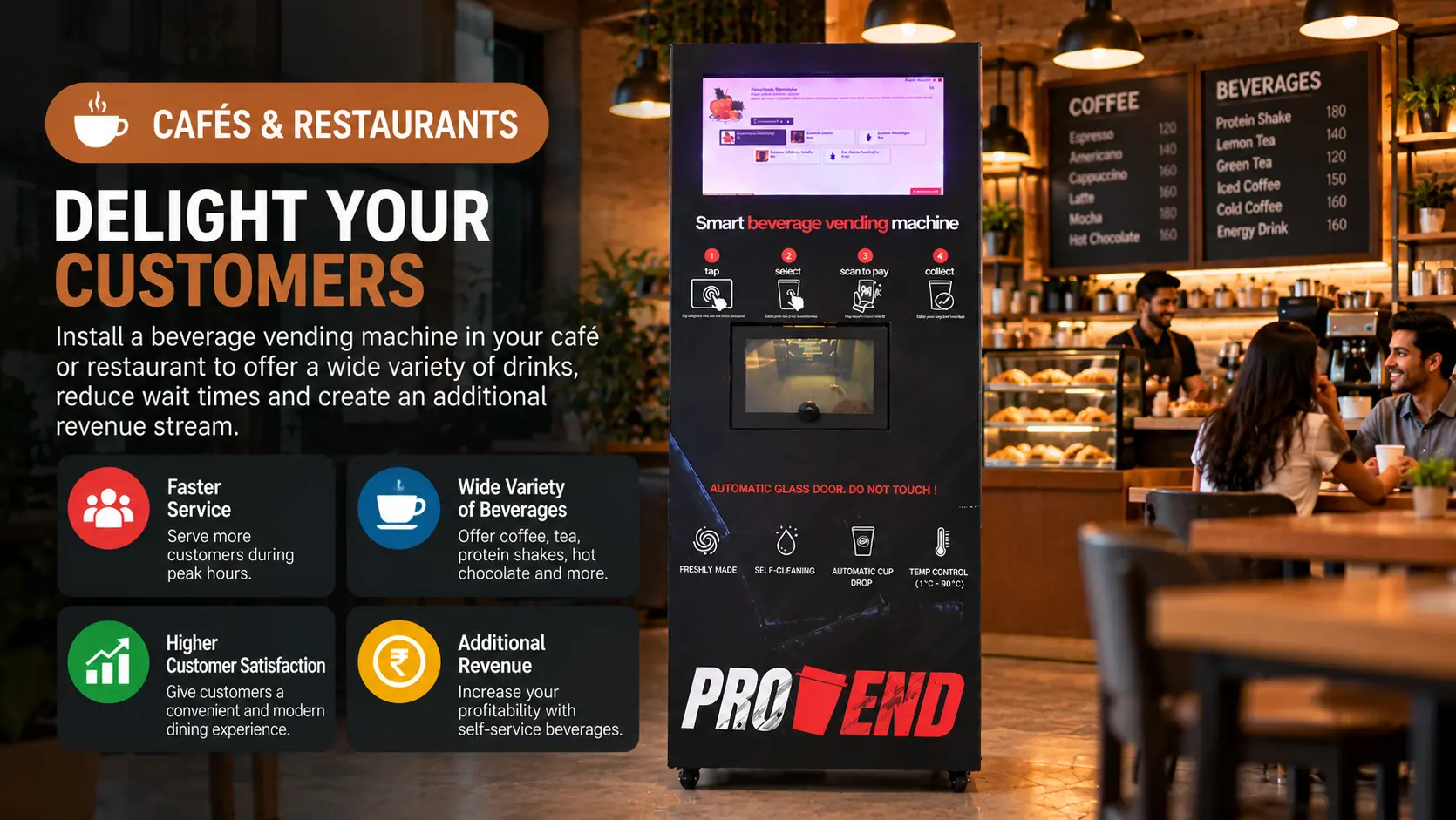 ProVend smart beverage vending machine installed in a modern café, serving coffee, tea, hot chocolate, protein shakes, soups, and other hot and cold beverages.