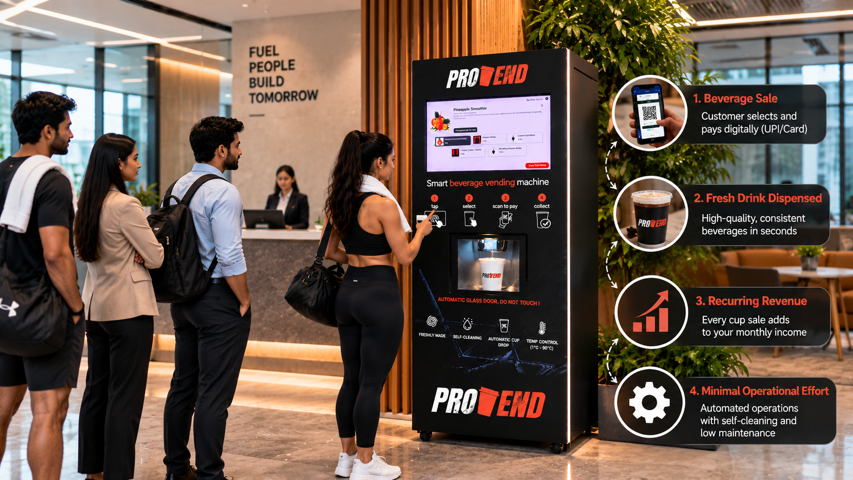 Professionals purchasing freshly prepared beverages from a ProVend smart beverage station in a modern commercial reception area.