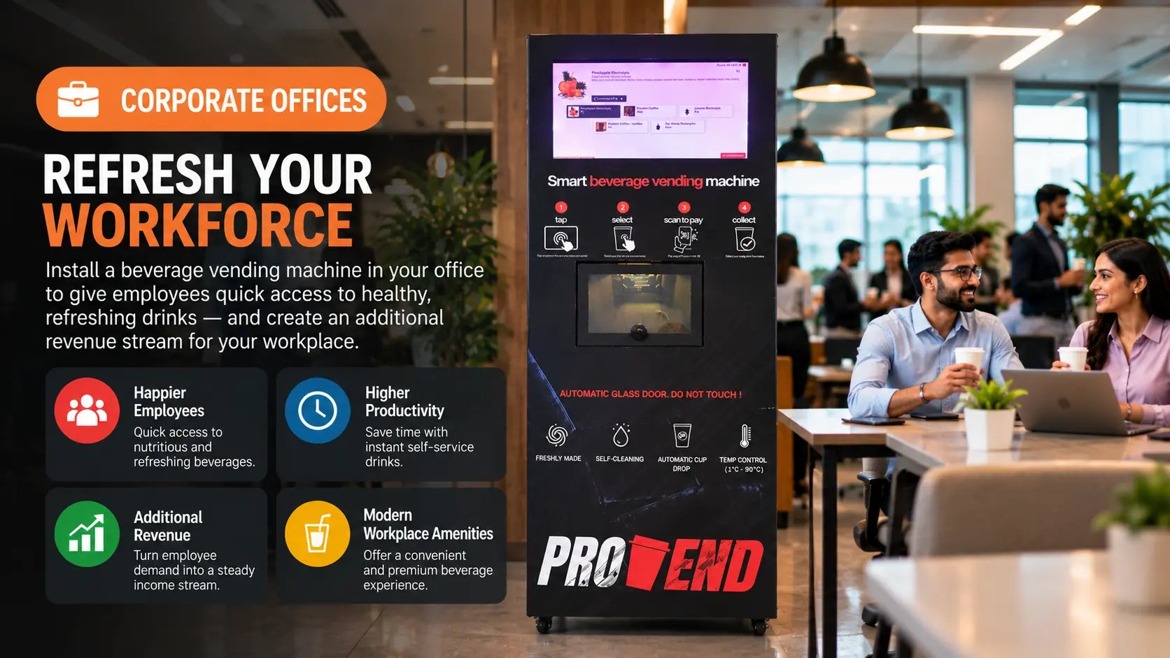 ProVend smart beverage vending machine installed in a modern corporate office, providing employees with quick access to coffee, tea, protein shakes, and other hot and cold beverages.