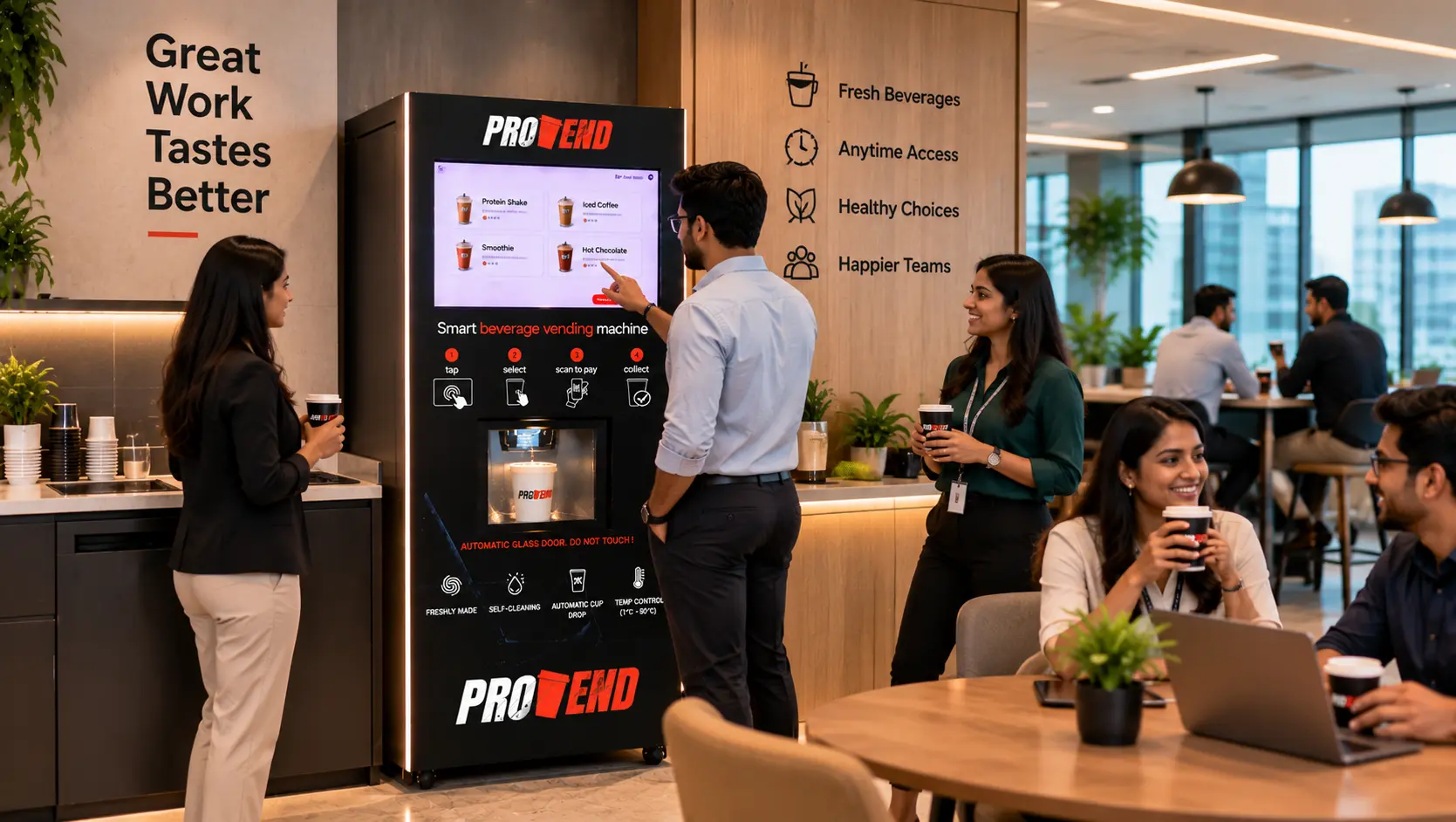 Employees using a ProVend smart beverage station in a modern corporate office pantry to enjoy freshly prepared hot and cold beverages during work breaks.