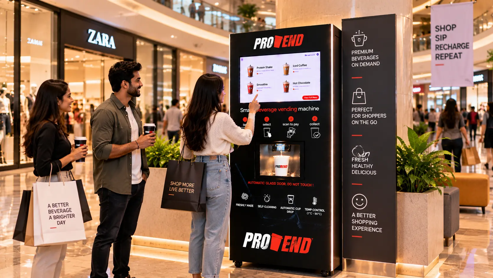 Shoppers purchasing freshly prepared beverages from a ProVend smart beverage station inside a modern shopping mall.