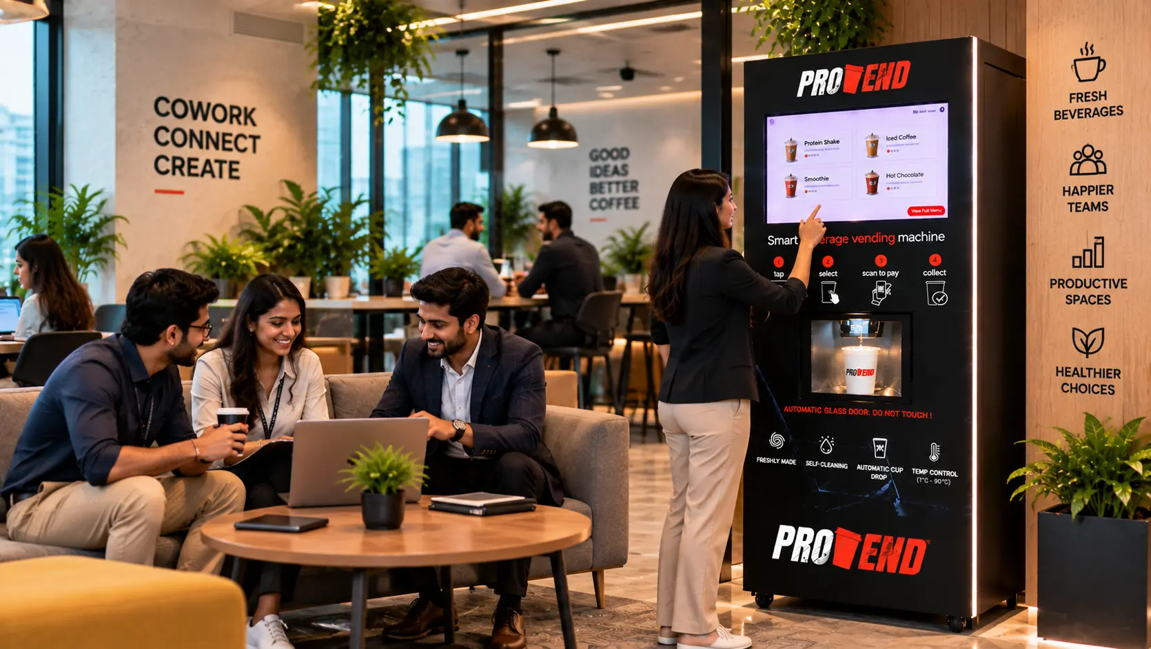 Professionals collaborating in a modern coworking lounge beside a ProVend smart beverage station serving freshly prepared hot and cold beverages.